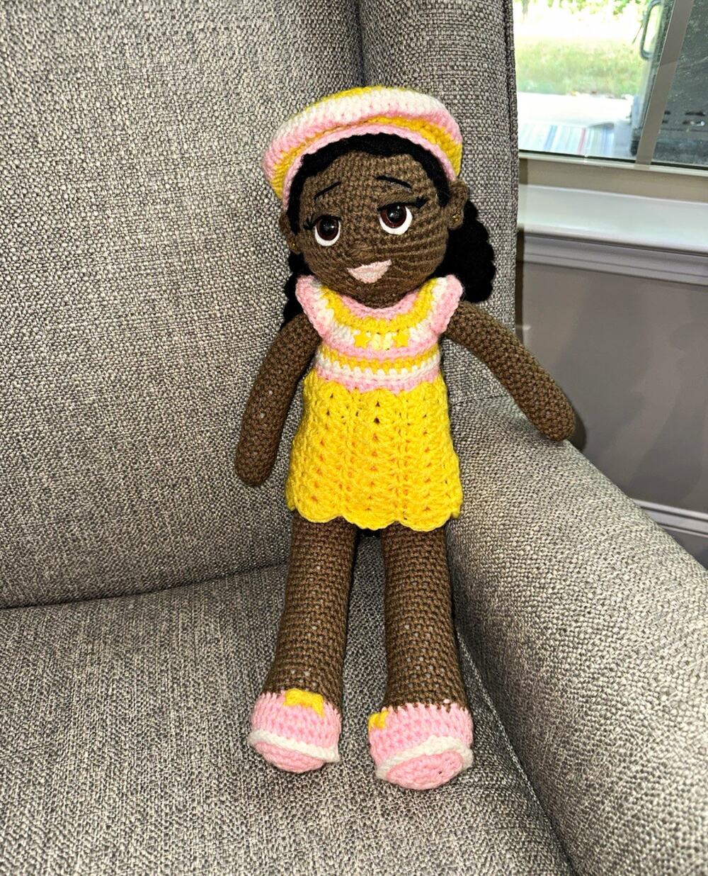 Handmade Crocheted Yarn Girl Doll African American Yellow Dress Pink/Yellow Hat